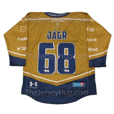 Rytiri Kladno Knights 2024-25 Czech Extraliga PRO Gold Hockey Jersey Jaromir Jagr Dark Rytiri Kladno Knights 2024-25 Czech Extraliga PRO Gold Hockey Jersey Jaromir Jagr Dark